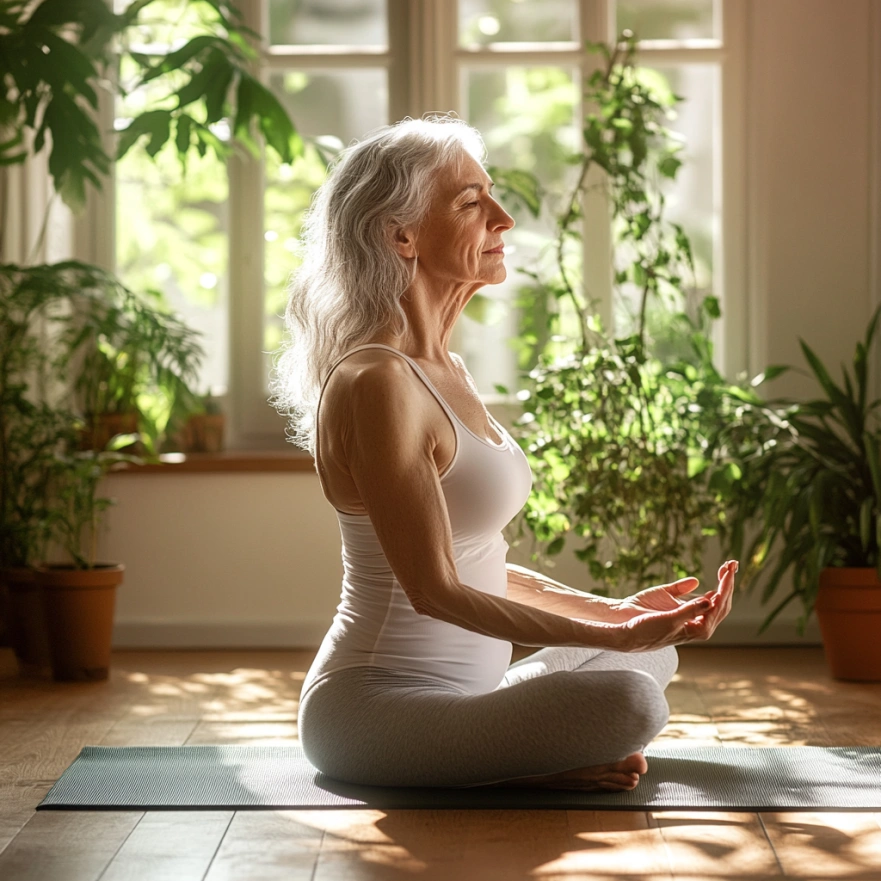 Літня жінка практикує йогу
